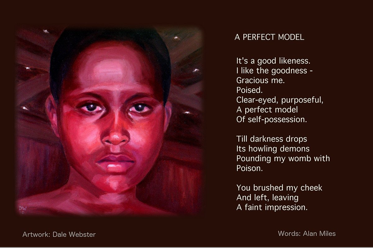 A portait by Dale Webster, showing the face of a Kenyan woman looking directly at you, as described in the poem, which is on the right-hand side of the portrait.