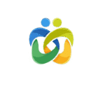 A symbolic logo in green blue and yellow, seeming to show 2 figures linked together, almost like links in a chain. (Designing a logo with AI)