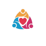 A symbolic logo in red blue and yellow, seeming to show 3 figures joining hands together in a triangular shape, surrounding a heart shape as they're viewed from above. (Designing a logo with AI)