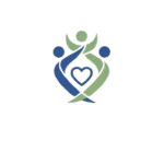 A symbolic logo in green and blue, seeming to show 3 figures who are active together, with two of the figures lifting the third. Towards the bottom of the image you can see a heart. (Designing a logo with AI)