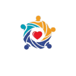A symbolic logo in light blue, dark blue and yellow, depicting 5 figures seen from above, linked together in a circle and surrounding a red heart. (Designing a logo with AI)