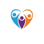 A simple symbolic logo in light blue and purple and orange, depicting 3 figures in the shape of a heart. The two outside figures, blue and orange, are sppporting the inner purple figure. The entire logo looks like a smiling cartoon face. (Designing a logo with AI)