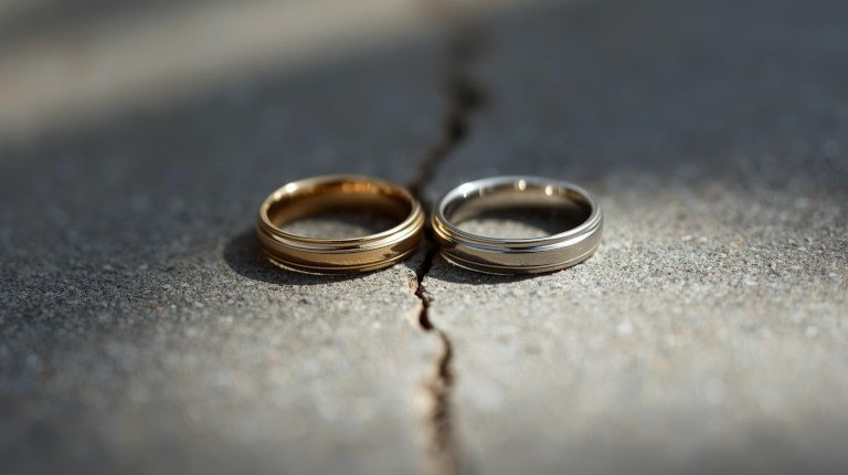 2 wedding rings on a stone surface,separated by a crack