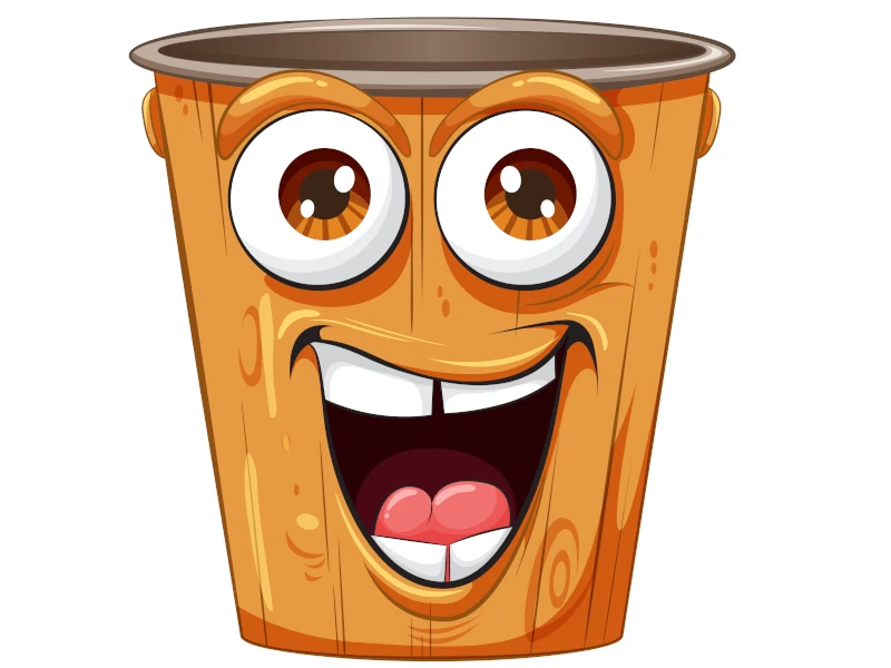 Cartoon of a hungry bin - eyes wide with excitement, mouth wide with anticipation.