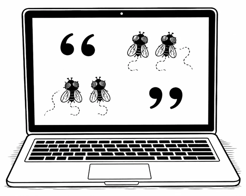 A black and white illustration of a laptop computer. On the screen there are speech-marks and flies — almost indistinguishable from the speech-marks.