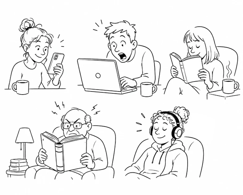 Line drawing — reading on a phone, a computer, a paperback, a hardback, and listening to an audiobook