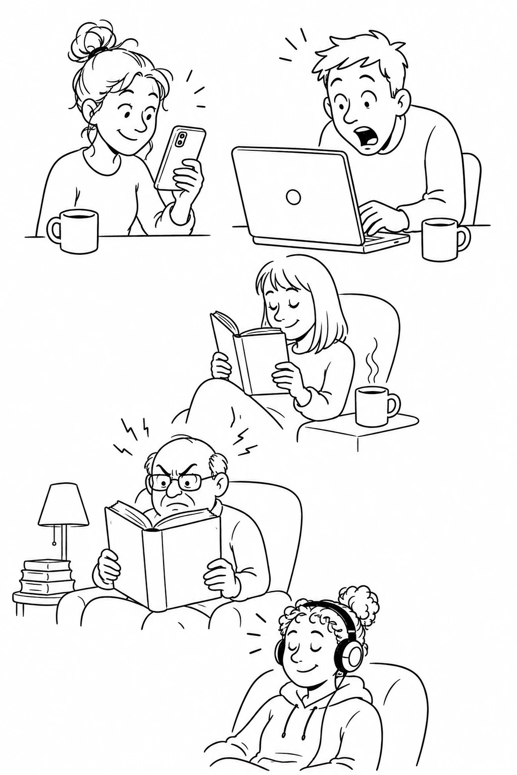 Line drawing — reading on a phone, a computer, a paperback, a hardback, and listening to an audiobook