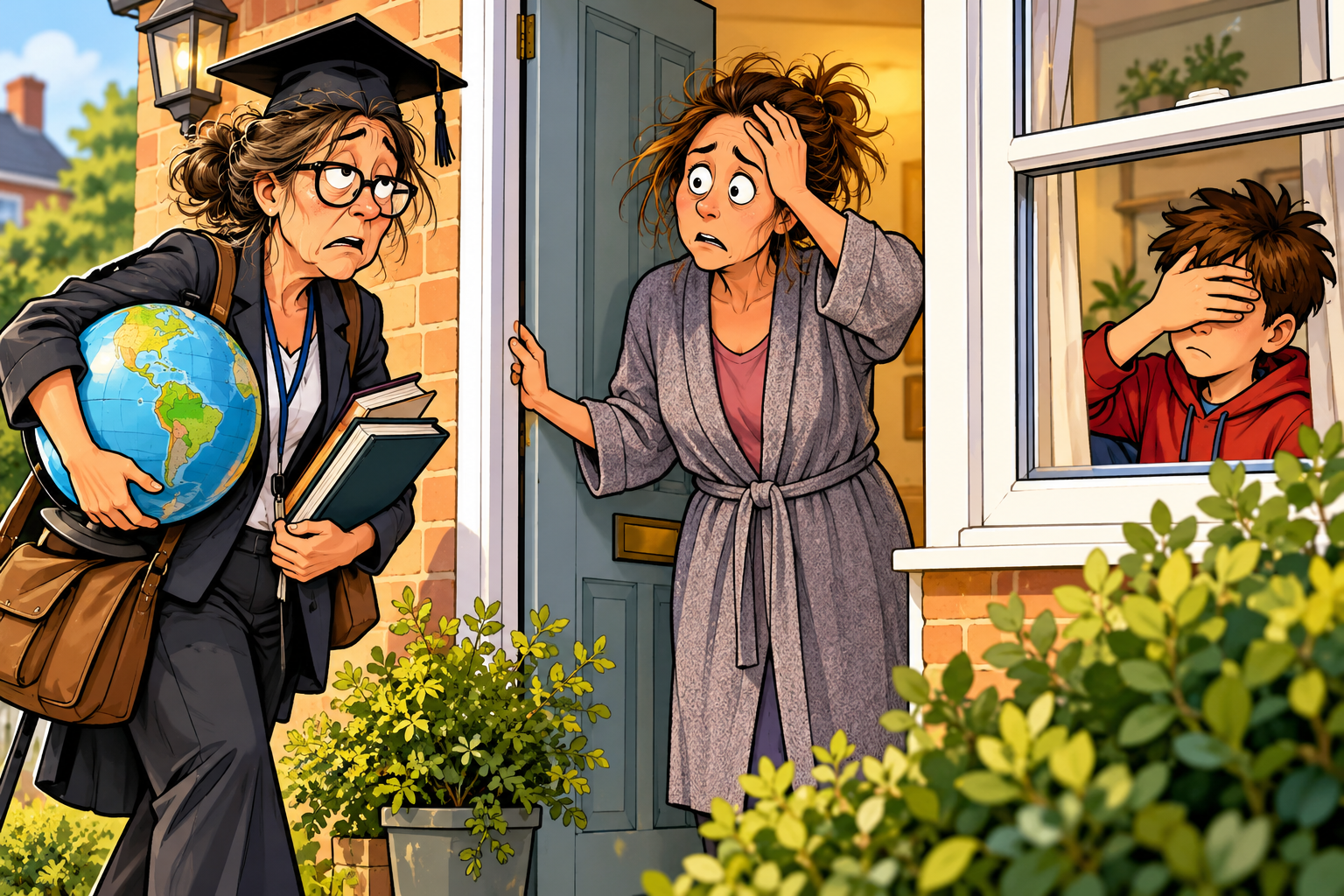 A cartoon showing a frazzled teacher (wearing a mortarboard) arriving at the front door of a house, carrying a globe under one arm and three large text books in the other. Opening the door is an equally frazzled mother. Looking on at the window is a boy, around 12 years old, with his hand over his eyes just thinking about the lesson he's about to get.