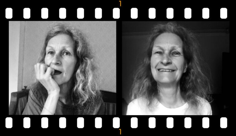 Two black and white photos of Lena, one pensive, one smiling, now approaching 70 but still beautiful, five years after her dementia diagnosis.