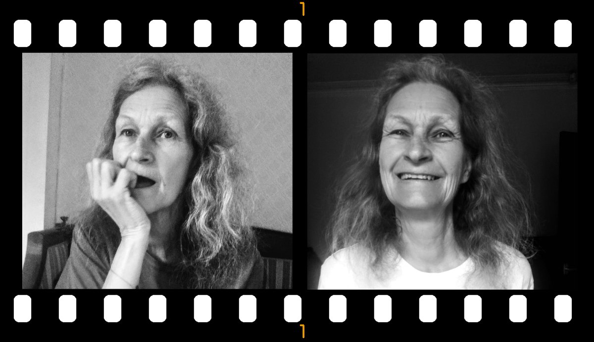 Two black and white photos of Lena, one pensive, one smiling, now approaching 70 but still beautiful, five years after her dementia diagnosis.