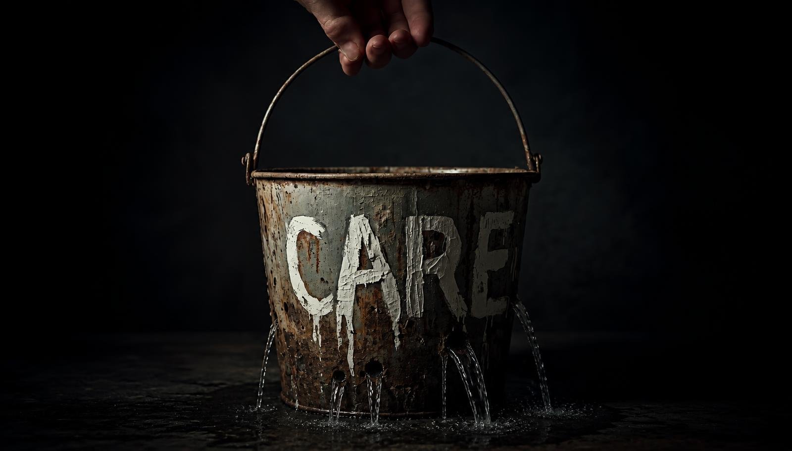 An old rusty bucket full of holes, with water running freely out of the holes. The bucket has a whitewashed scruffy label, saying CARE in capital letters.